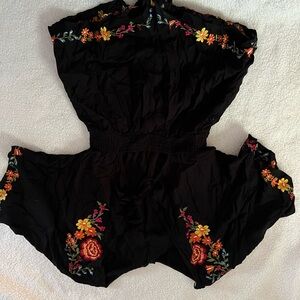Black Floral Embroidered Romper